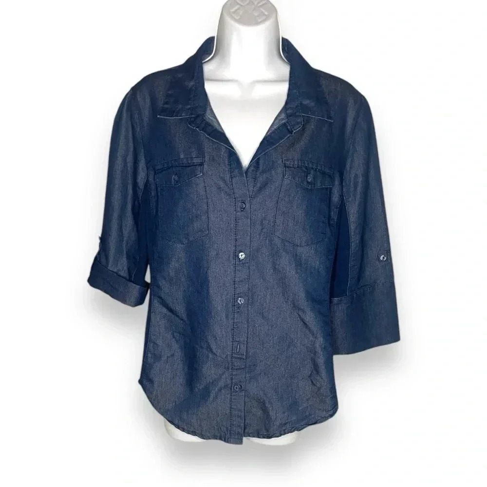 Cavalini Petite Collection Dark Wash Denim Shirt, PXL, ButtonUp with 3/4 Sleeves
